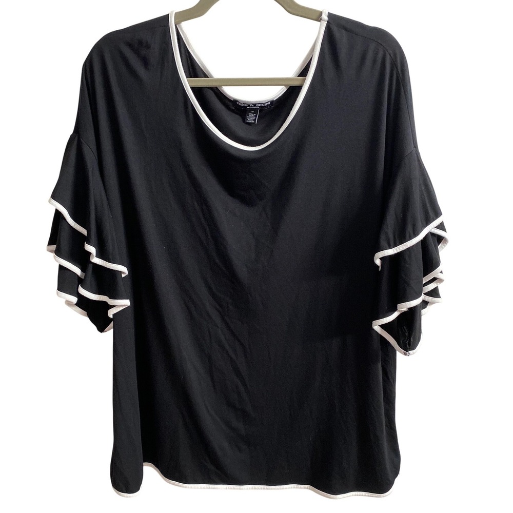 Cable & Gauge Woman Black Tier Ruffle Sleeve Knit Top White Piping 1X Scoop Neck